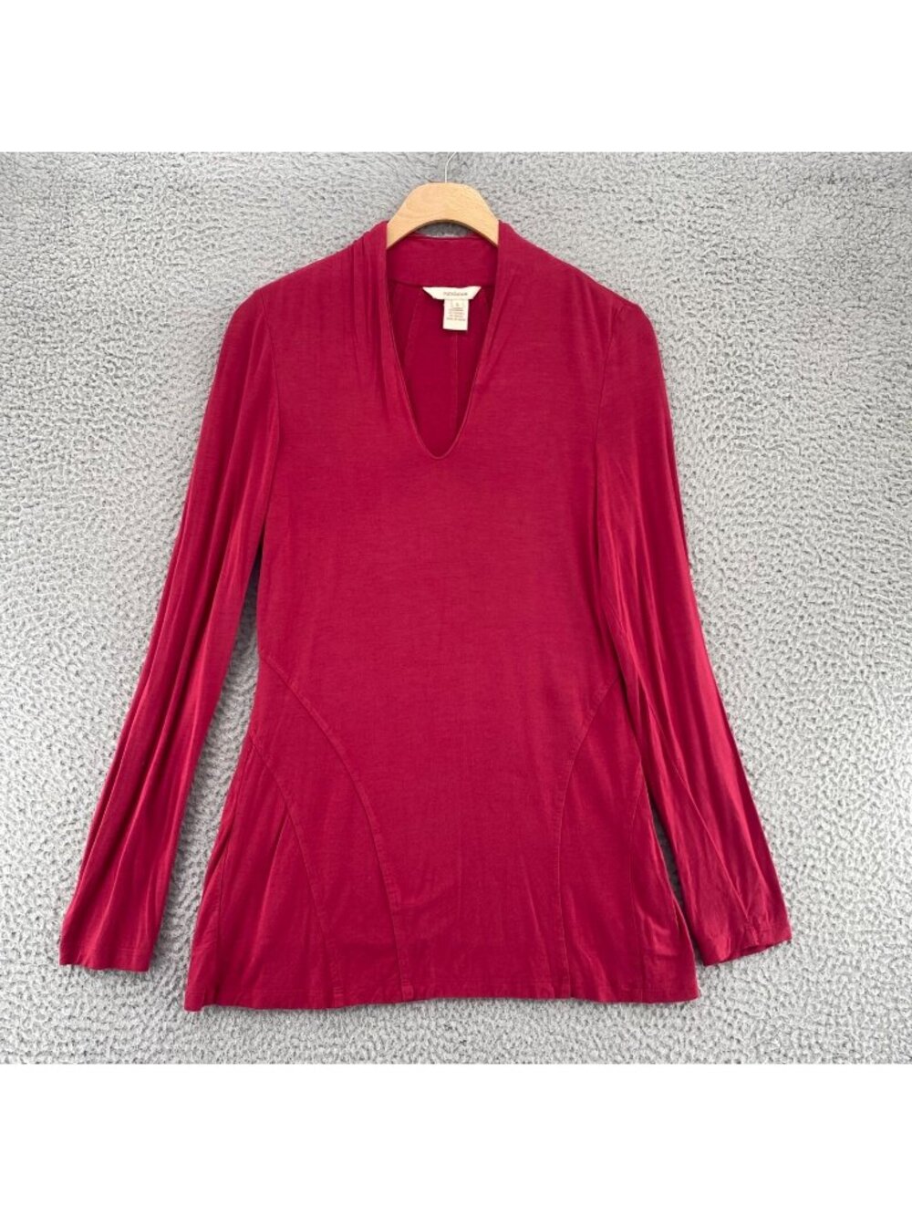 Sundance Top Womens Small Red Stretch Knit V Neck Long Sleeve Ribbed Seam Tunic